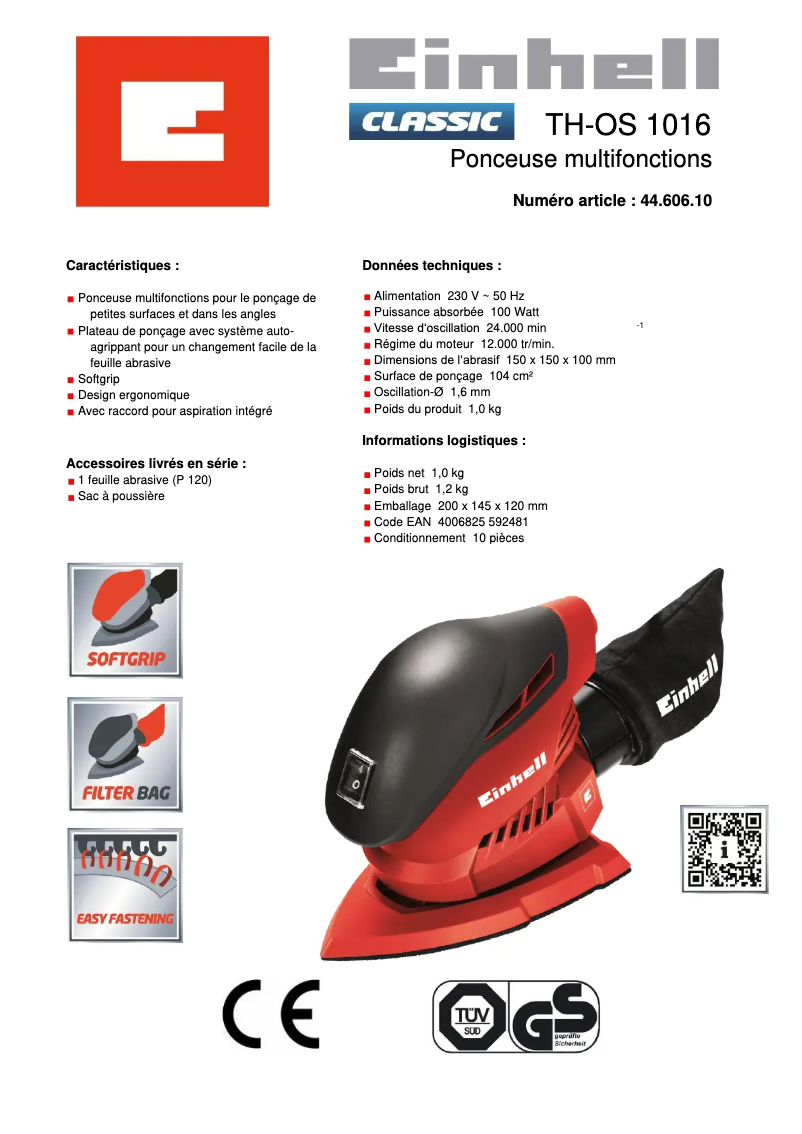 Página 1 del manual Ficha técnica Einhell TH-OS 1016