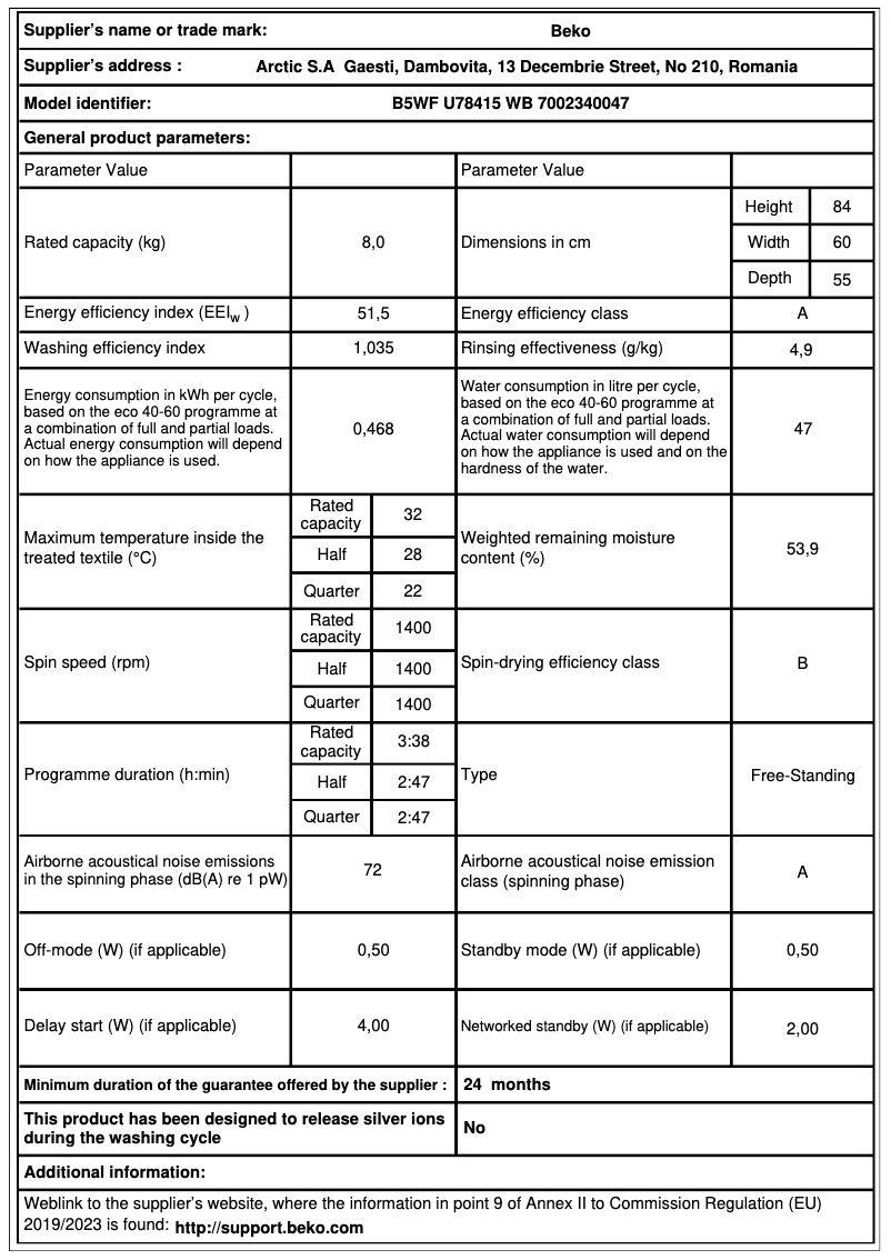 Página 1 del manual Ficha técnica Beko B5WF U78415 WB