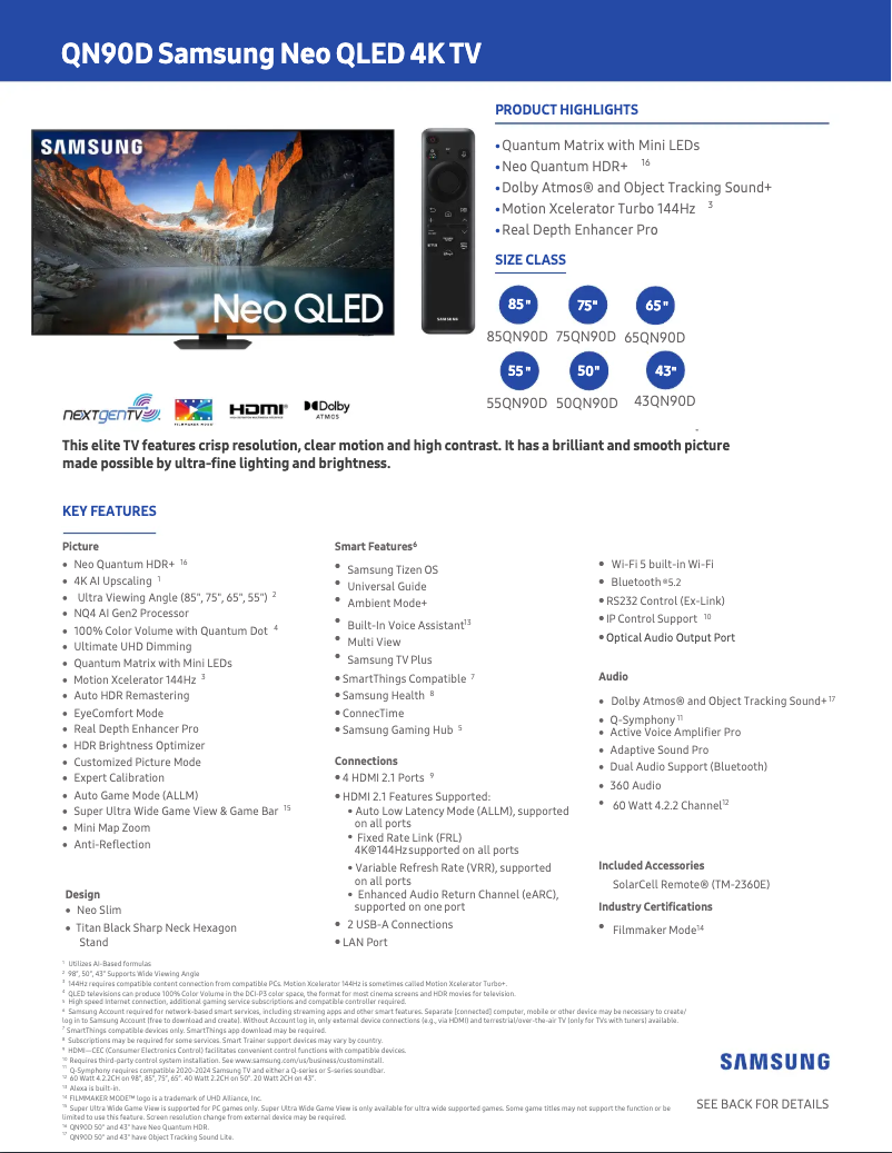Página 1 del manual Ficha técnica Samsung QN65QN90DAF
