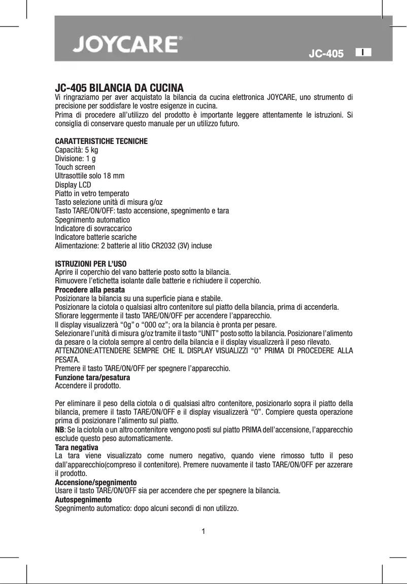 Imagen de la primera página del manual del dispositivo JC-405