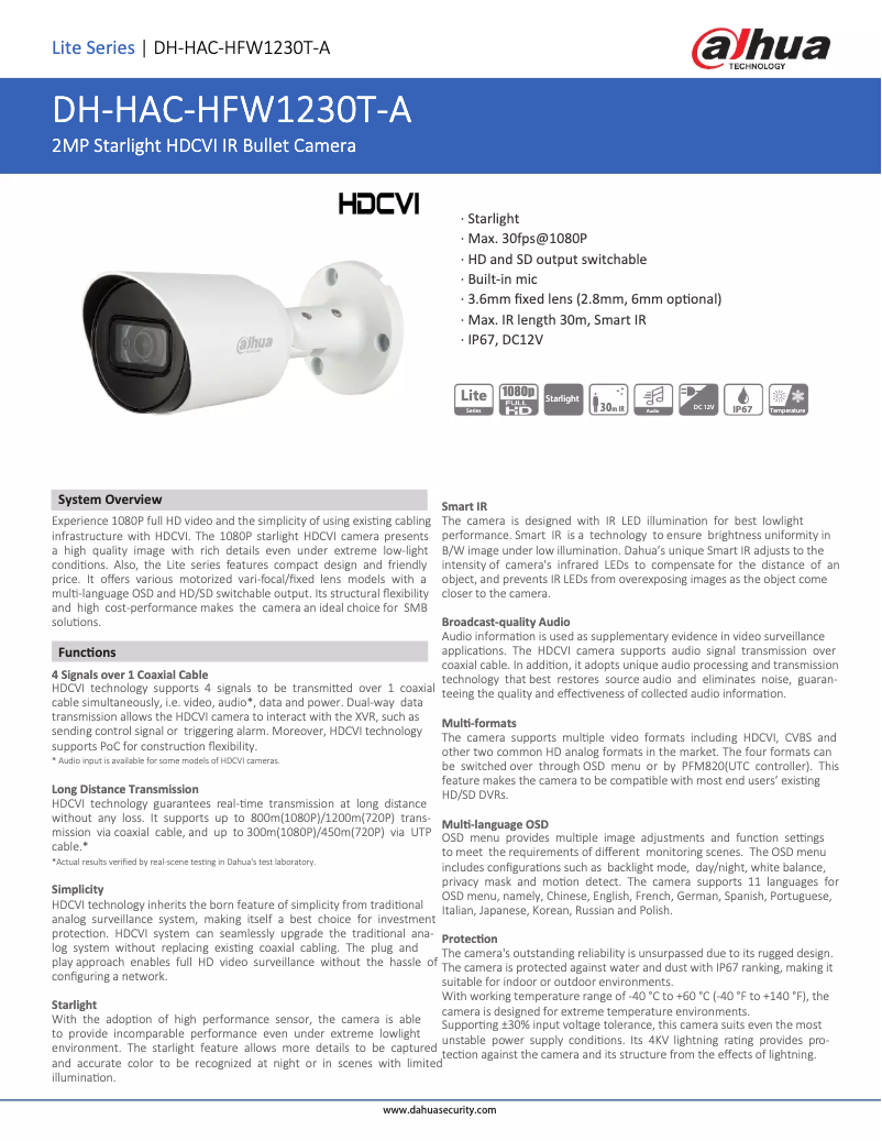 Página nº 1 - Ficha técnica Dahua Technology HAC-HFW1230T-A