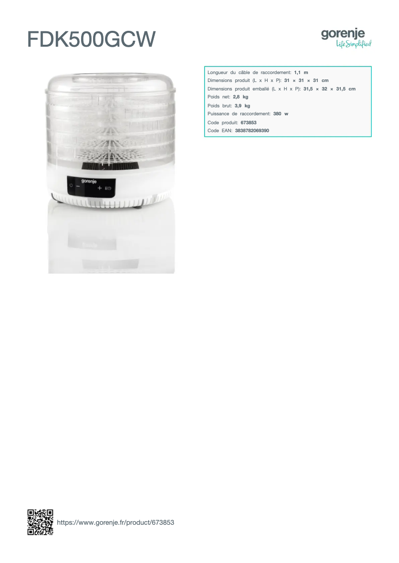 Página nº 1 - Ficha técnica Gorenje FDK500GCW