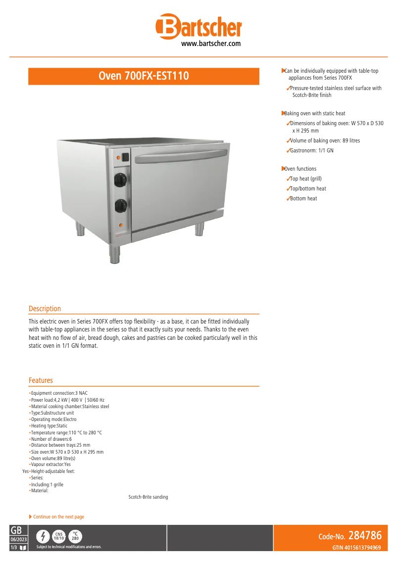 Página 1 del manual Ficha técnica Bartscher 700FX-EST110