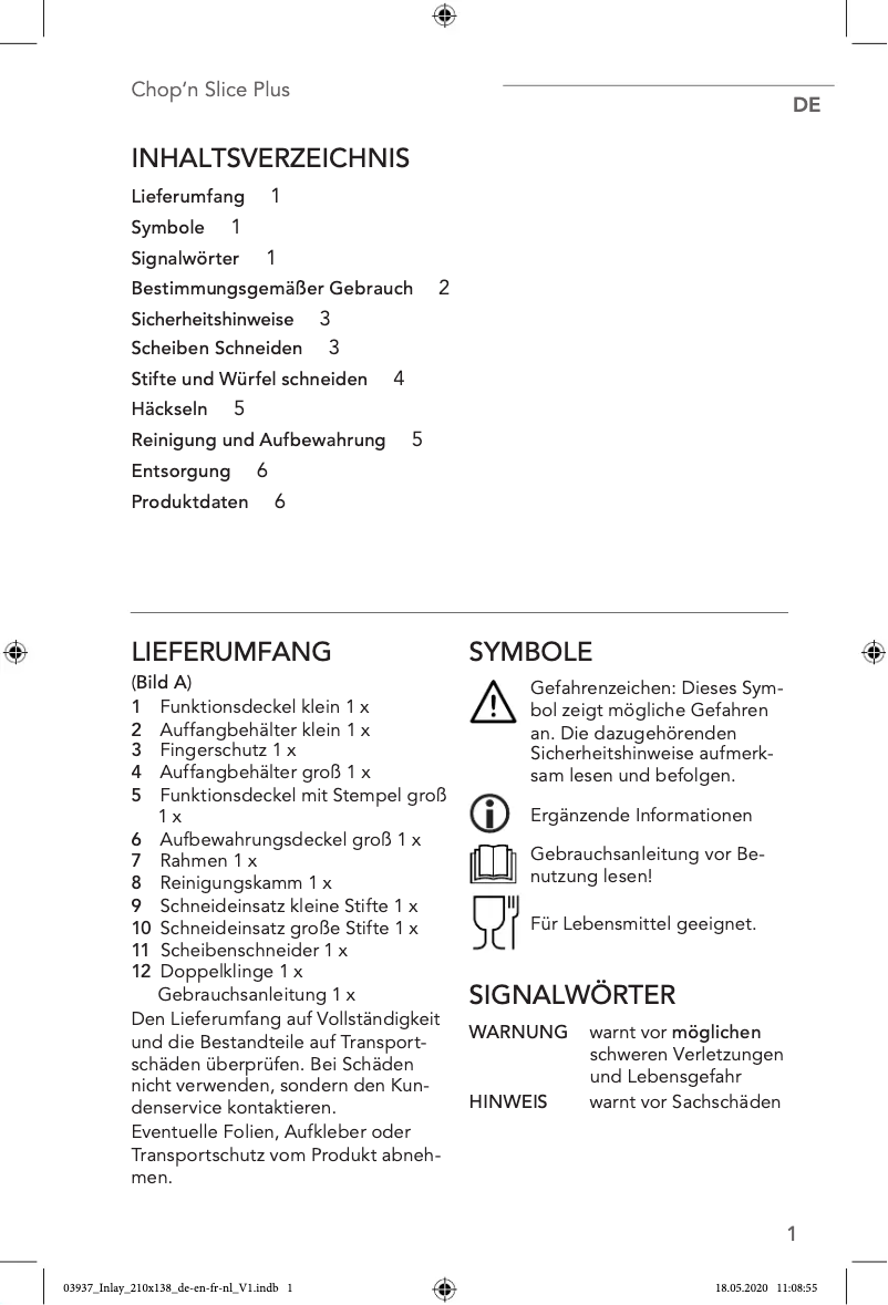Imagen de la primera página del manual del dispositivo Chop n Slice