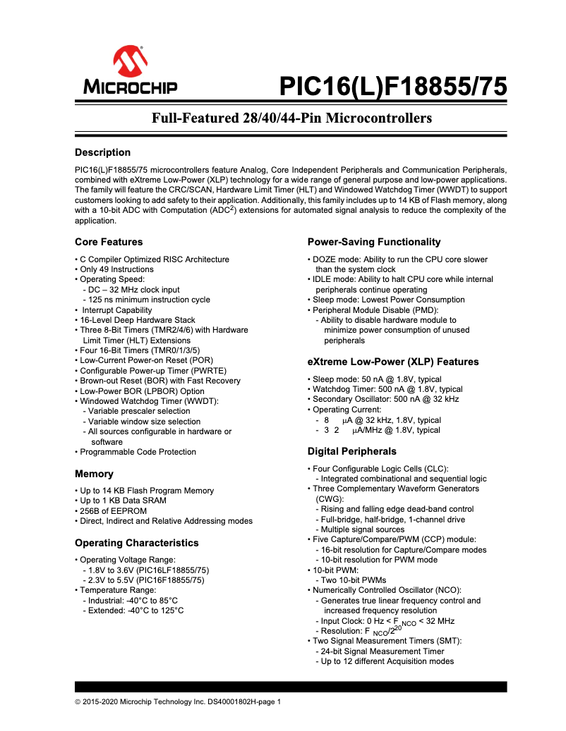 Imagen de la primera página del manual del dispositivo PIC16F18855