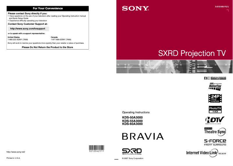 Imagen de la primera página del manual del dispositivo Bravia KDS-55A3000