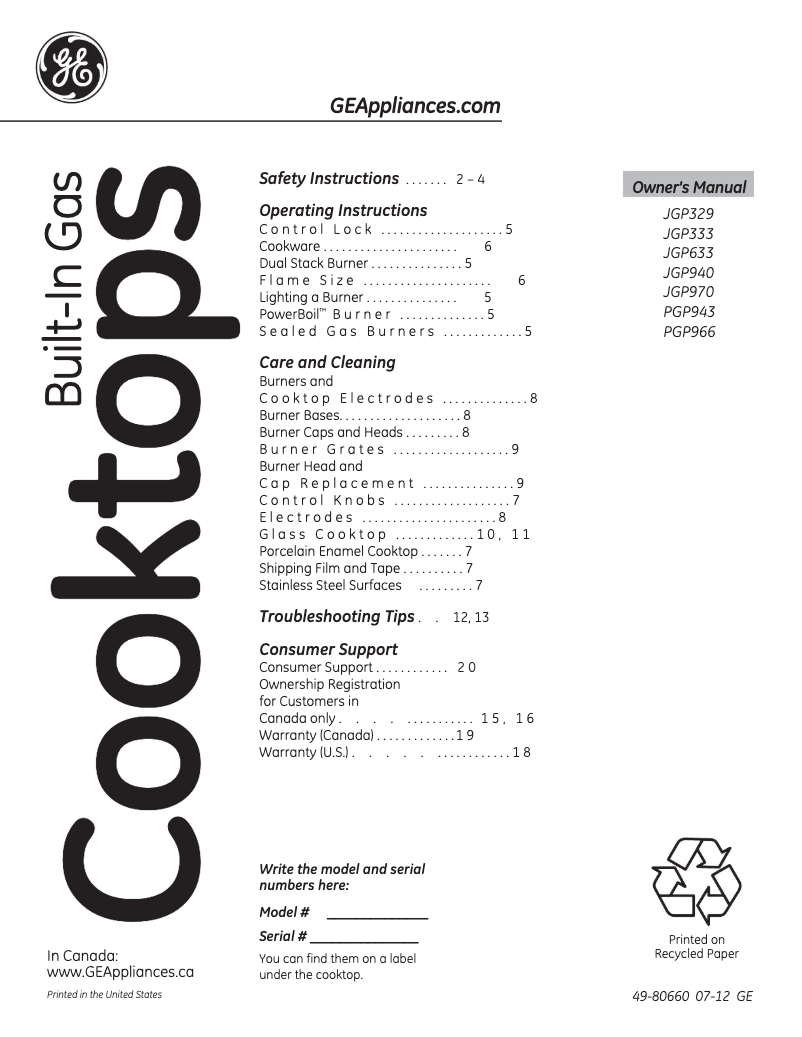 Página 1 del manual Manual de instrucciones GE JGP333DETBB
