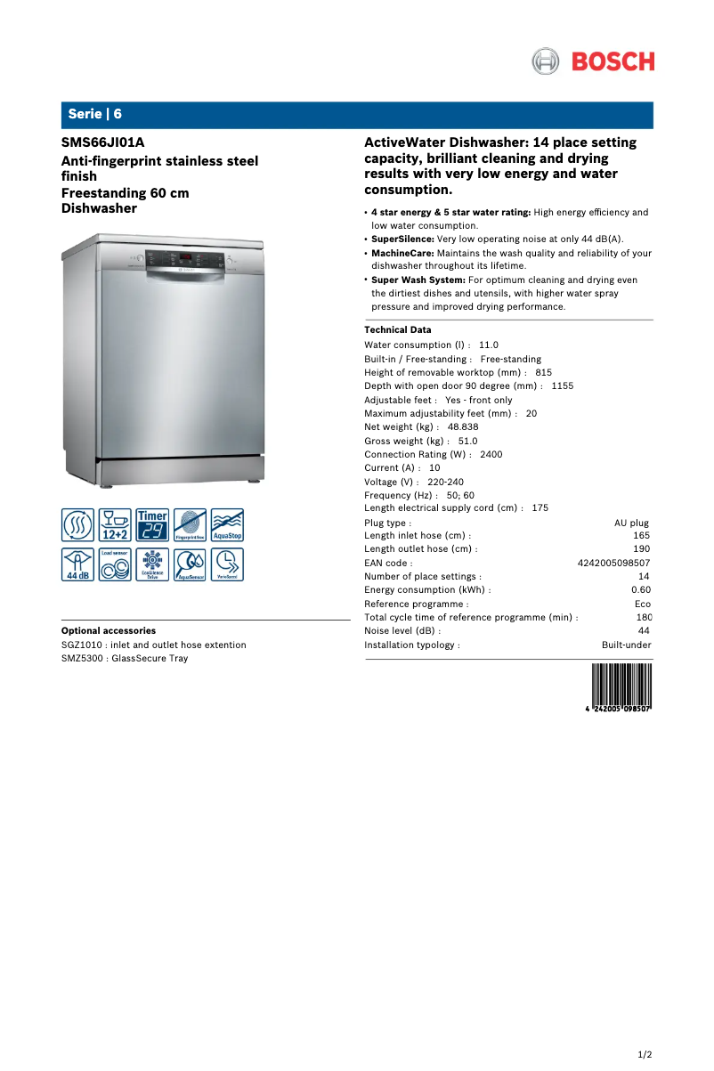 Imagen de la primera página del manual del dispositivo SMS66JI01A