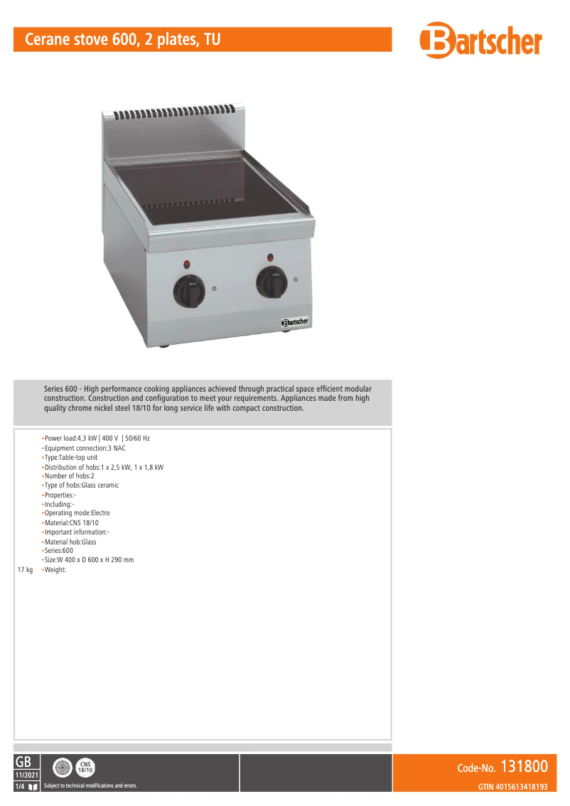Página nº 1 - Manual de usuario Bartscher 131800