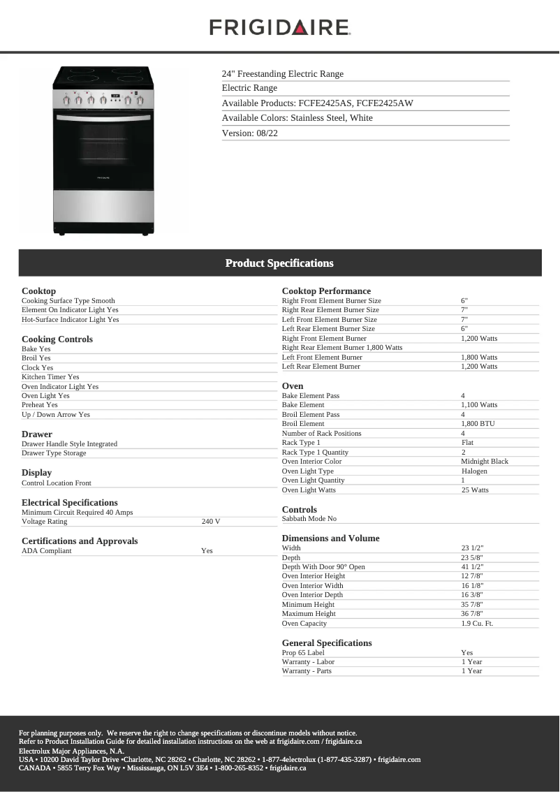 Página 1 del manual Ficha técnica Frigidaire FCFE2425AW