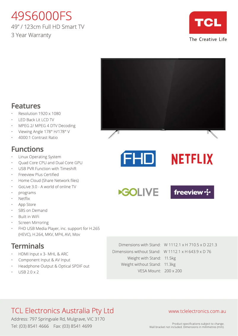 Página 1 del manual Ficha técnica TCL 49S6000FS