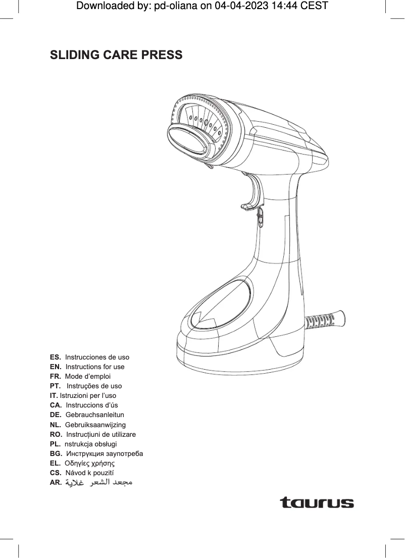 Imagen de la primera página del manual del dispositivo Sliding Care Press