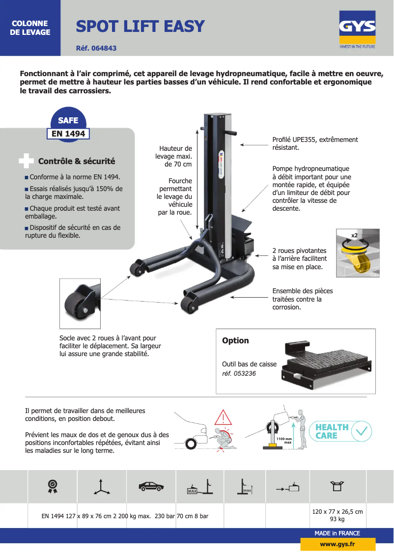 Página 1 del manual Ficha técnica GYS Spot Lift Easy