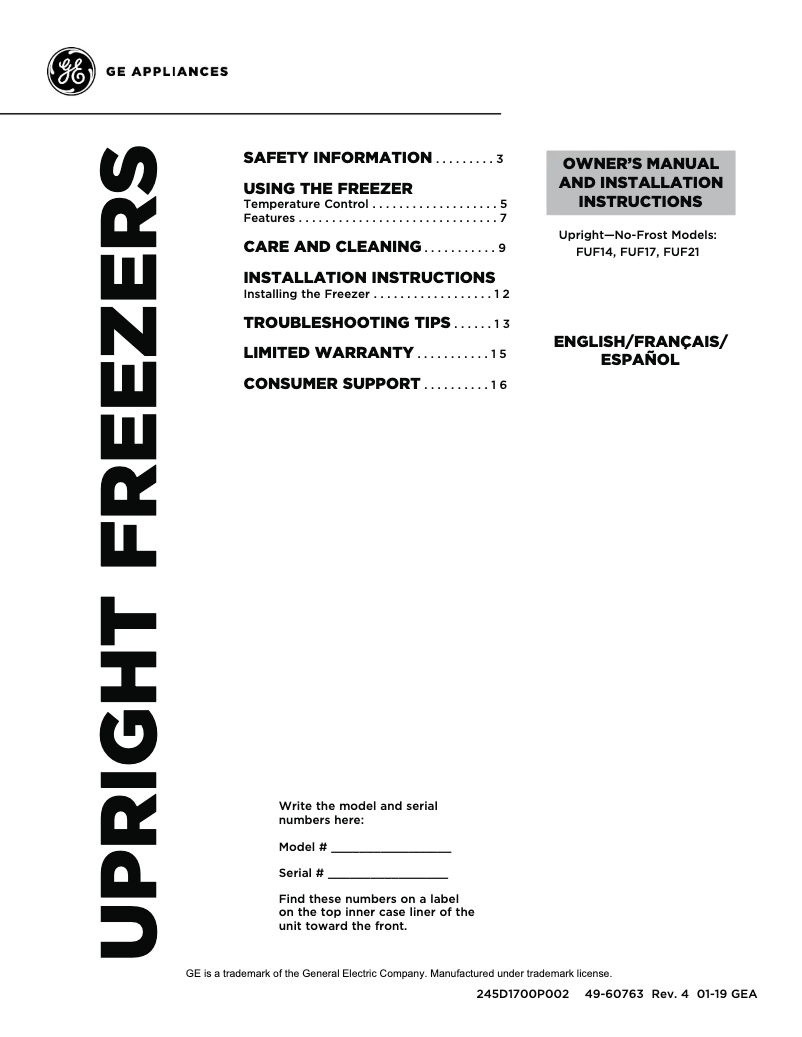 Imagen de la primera página del manual del dispositivo FUF17DLRWW