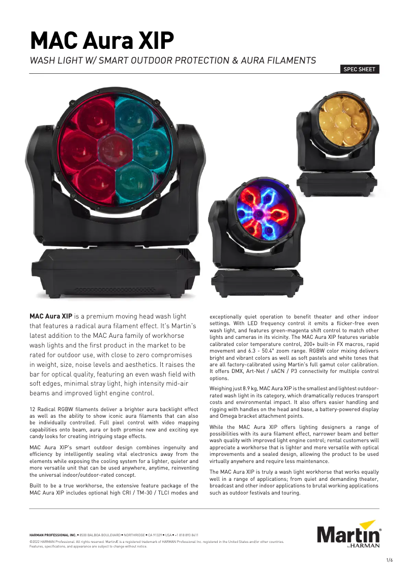 Página 1 del manual Ficha técnica Martin MAC Aura XIP