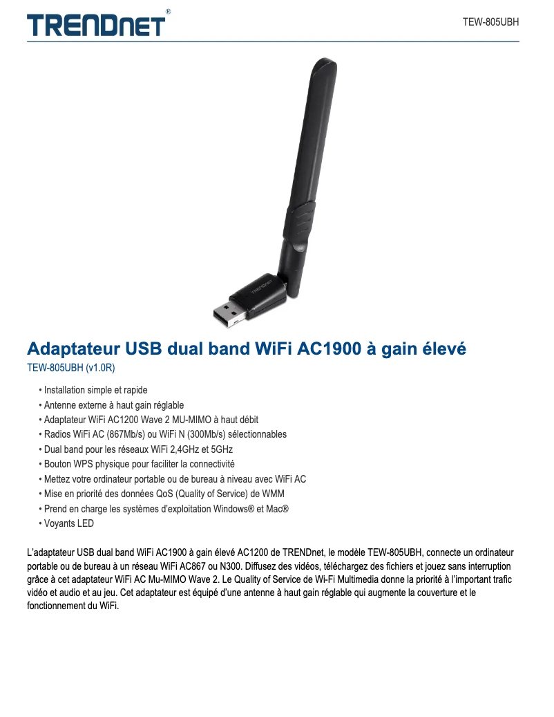 Página 1 del manual Ficha técnica TRENDnet TEW-805UBH