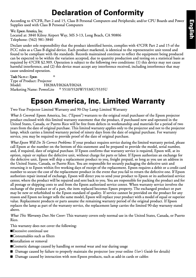 Imagen de la primera página del manual del dispositivo PowerLite 5535U