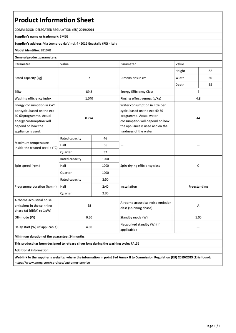 Página 1 del manual Folleto Smeg LB107B