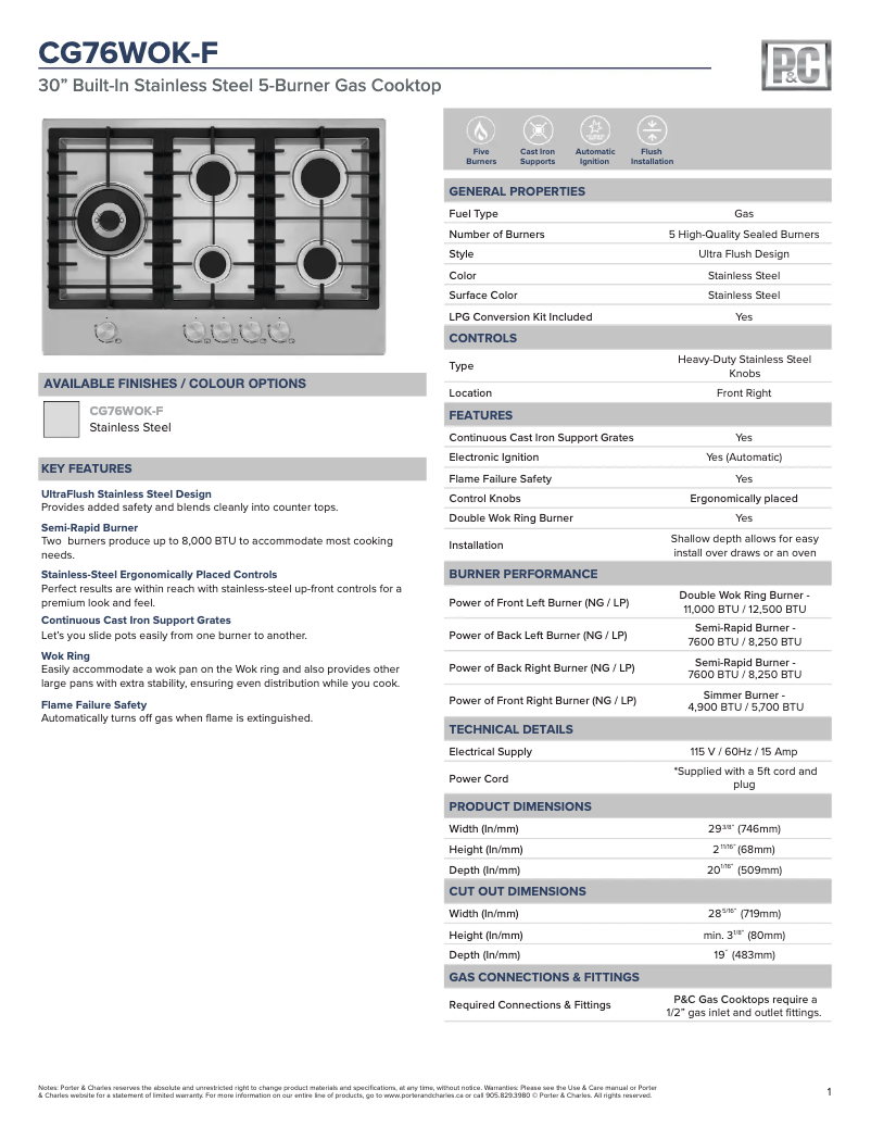 Página 1 del manual Ficha técnica Porter & Charles CG76WOK-F