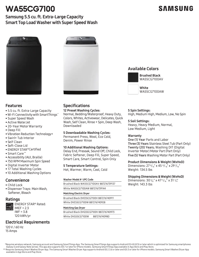 Página 1 del manual Ficha técnica Samsung WA55CG7100AW