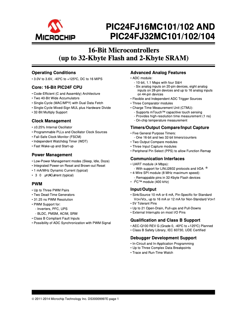 Imagen de la primera página del manual del dispositivo PIC24FJ32MC104