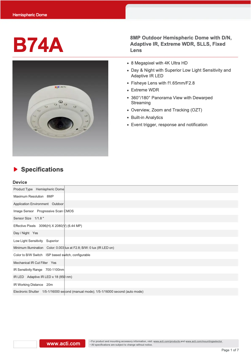 Página 1 del manual Ficha técnica ACTi B74A