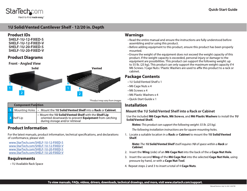Imagen de la primera página del manual del dispositivo SHELF-1U-12-FIXED-S