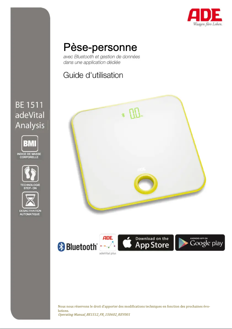 Imagen de la primera página del manual del dispositivo adeVital BE 1512