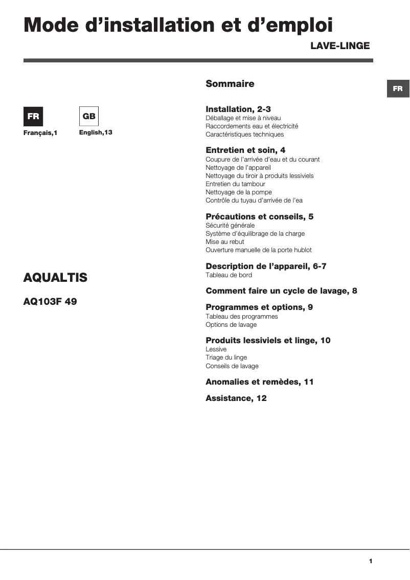 Imagen de la primera página del manual del dispositivo Aqualtis AQ103F 49