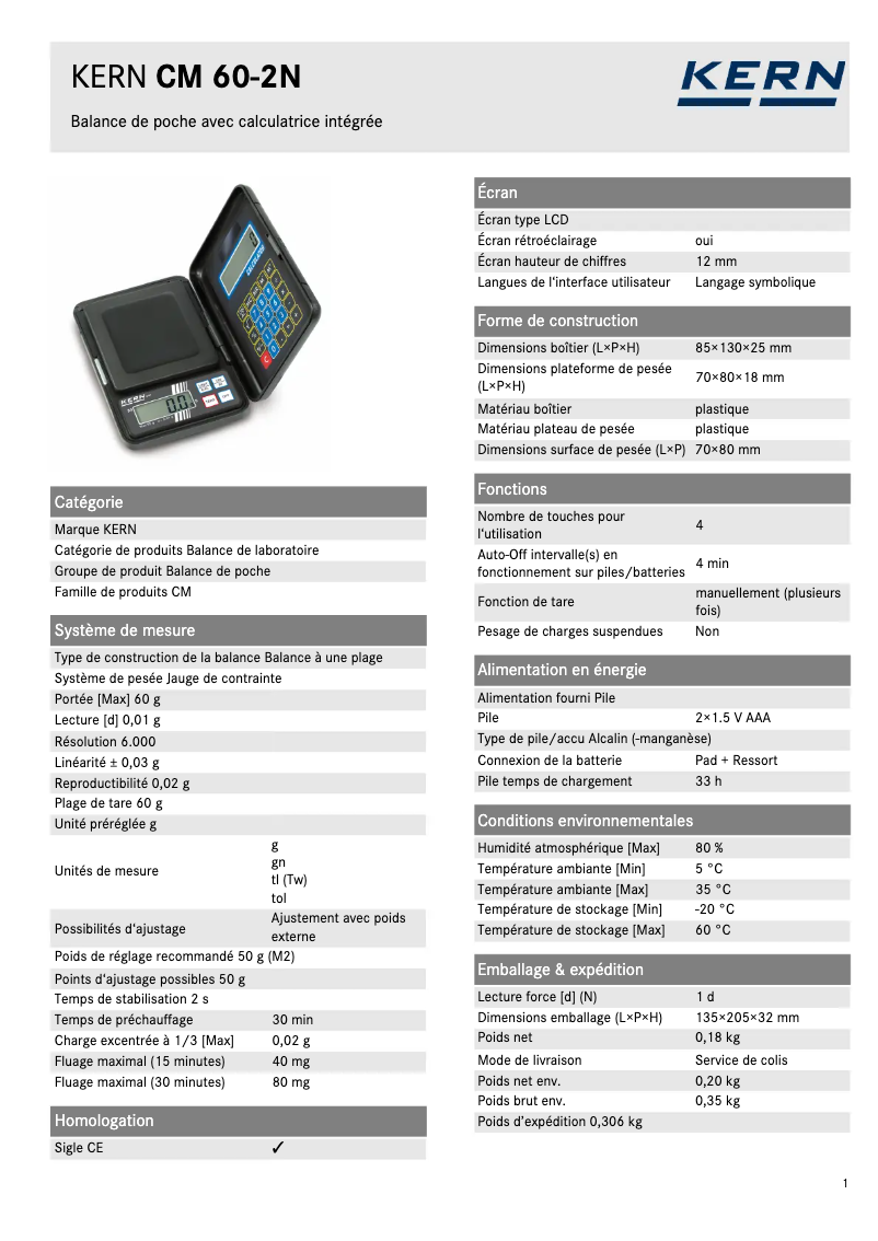 Página 1 del manual Ficha técnica Kern CM 60-2N