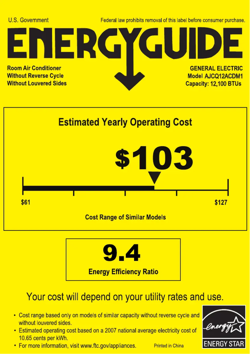 Página 1 del manual Etiqueta energética GE AJCQ12ACD