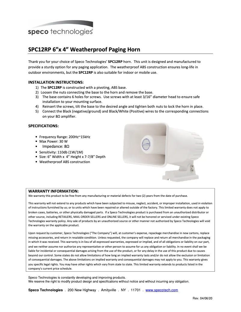 Imagen de la primera página del manual del dispositivo SPC12RP