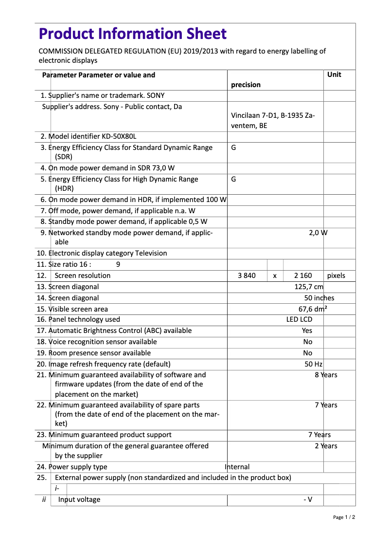 Imagen de la primera página del manual del dispositivo KD-50X80L