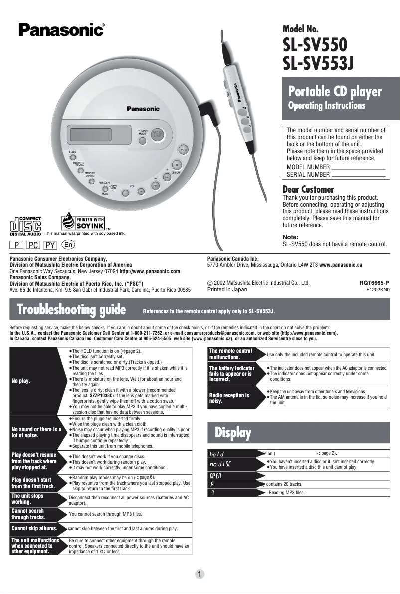 Página 1 del manual Manual de usuario Panasonic SL-SV553