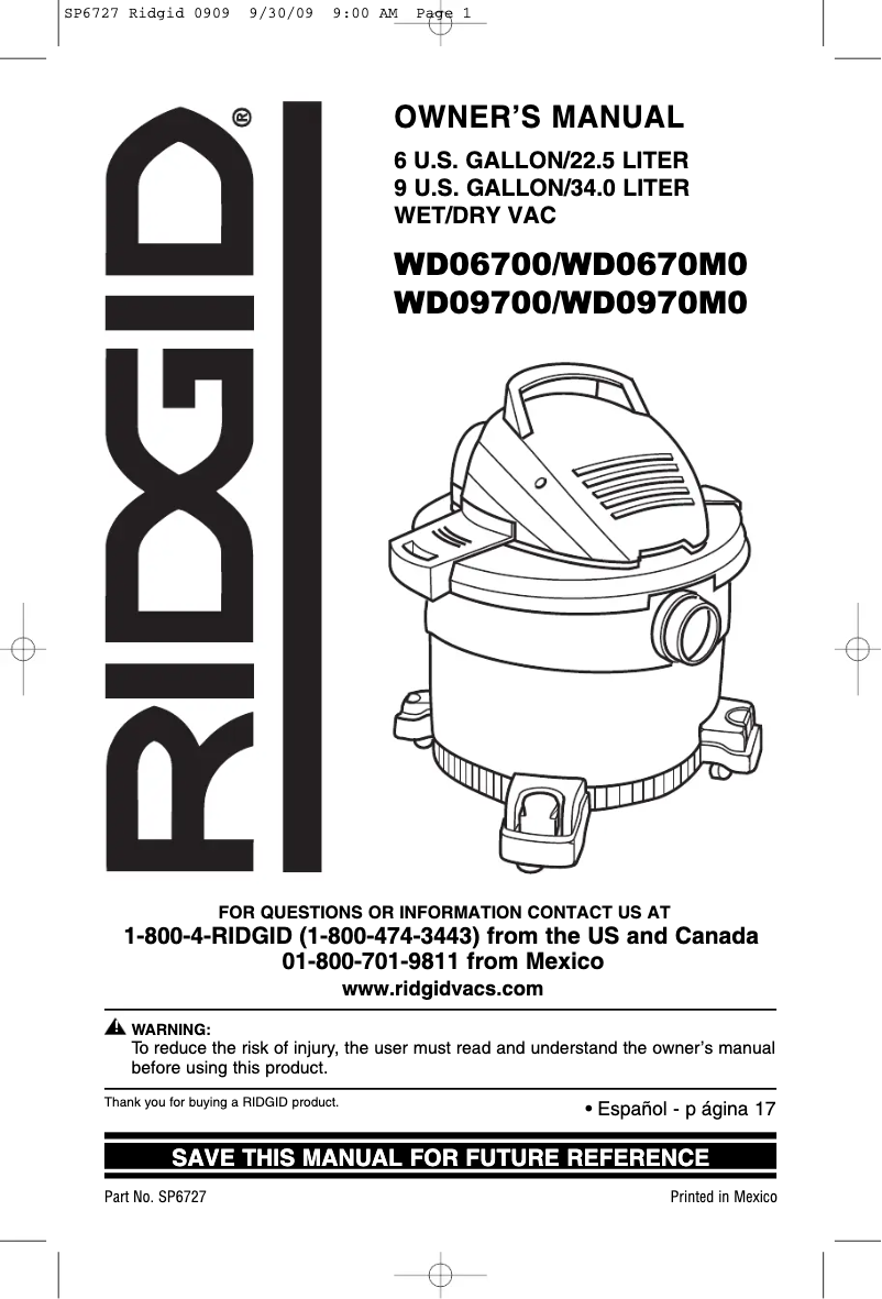 Página nº 1 - Manual de usuario Ridgid WD0670