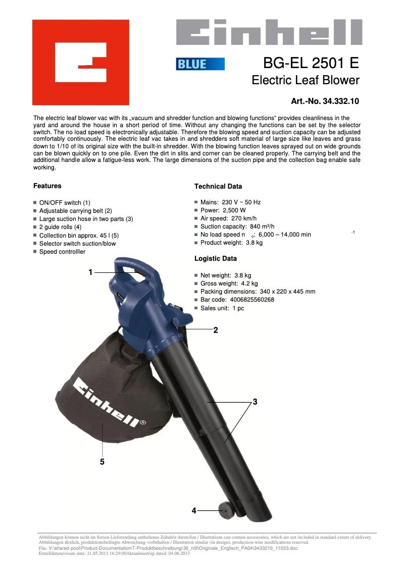 Página 1 del manual Manual de usuario Einhell BG-EL 2501 E
