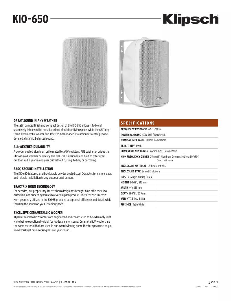 Página 1 del manual Ficha técnica Klipsch KIO-650