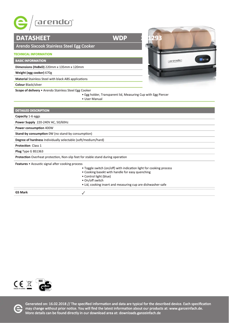 Página 1 del manual Ficha técnica Arendo Sixcook 305915