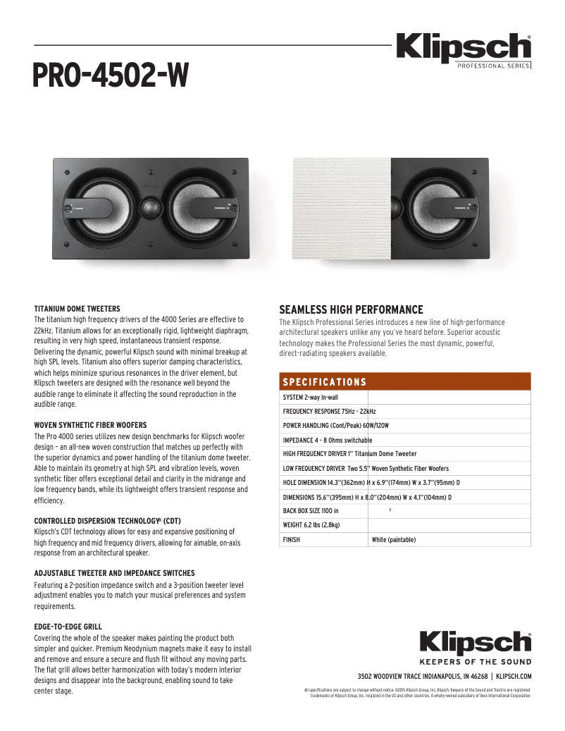 Página nº 1 - Ficha técnica Klipsch PRO-4502-W