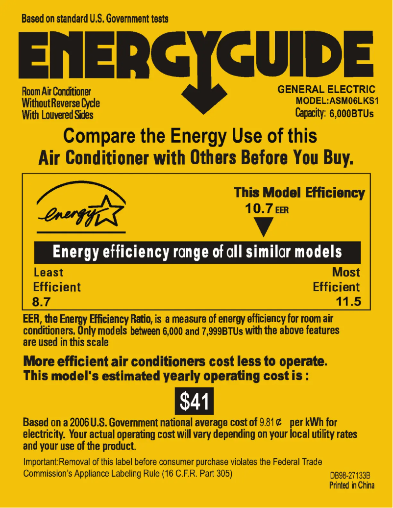 Página 1 del manual Etiqueta energética GE ASM06LK