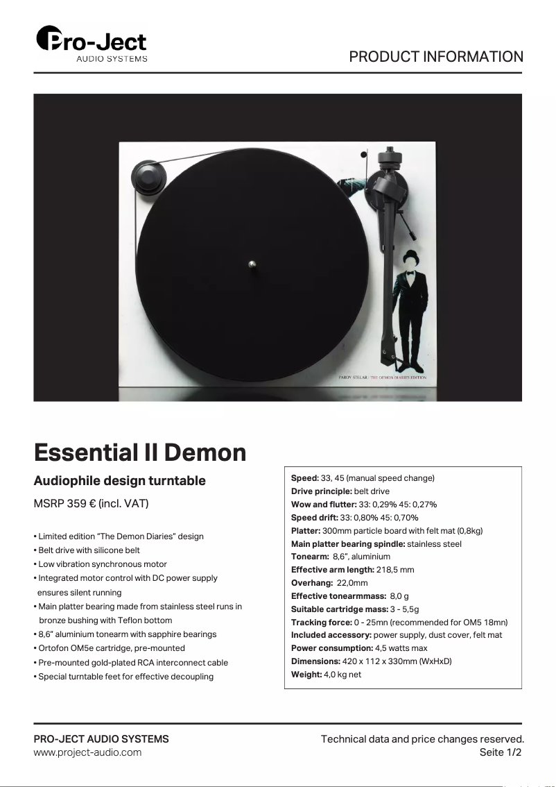 Página nº 1 - Ficha técnica Pro-Ject Essential II Demon