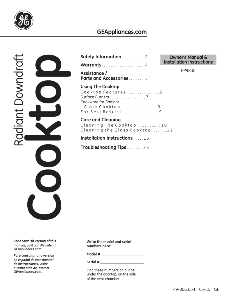 Imagen de la primera página del manual del dispositivo Profile PP9830TJWW