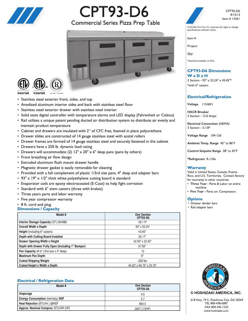 Página 1 del manual Ficha técnica Hoshizaki CPT93-D6