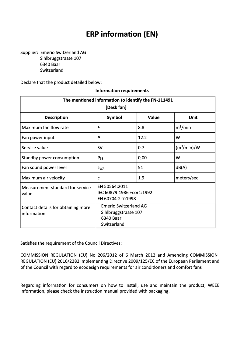 Página 1 del manual Ficha técnica Emerio FN-111491