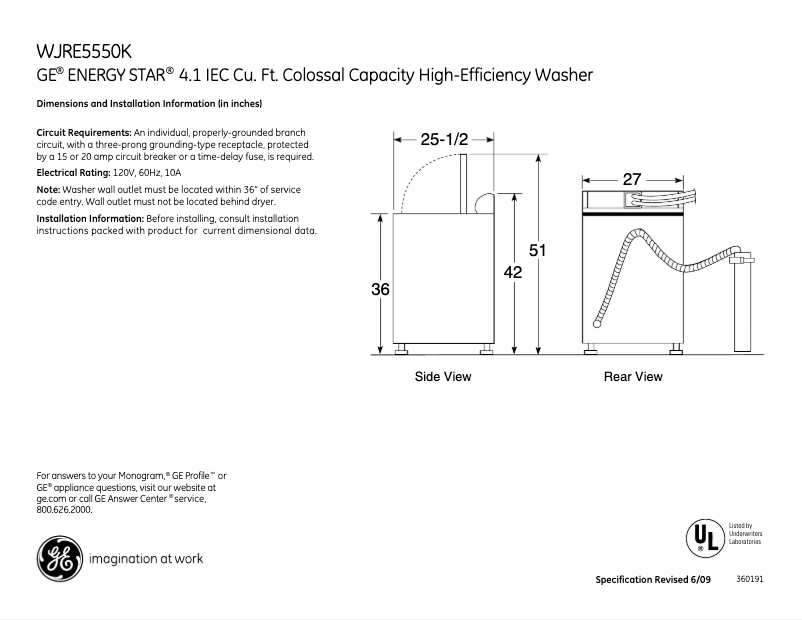 Página 1 del manual Ficha técnica GE WJRE5550KWW