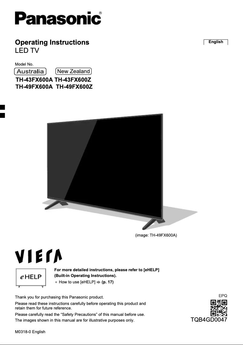 Imagen de la primera página del manual del dispositivo TH-49FX600A