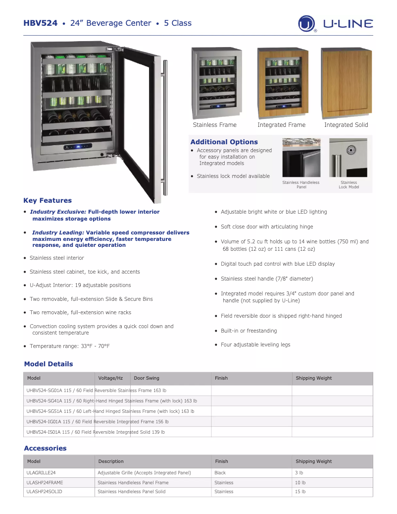 Página 1 del manual Ficha técnica U-Line UHBV524-SG51A