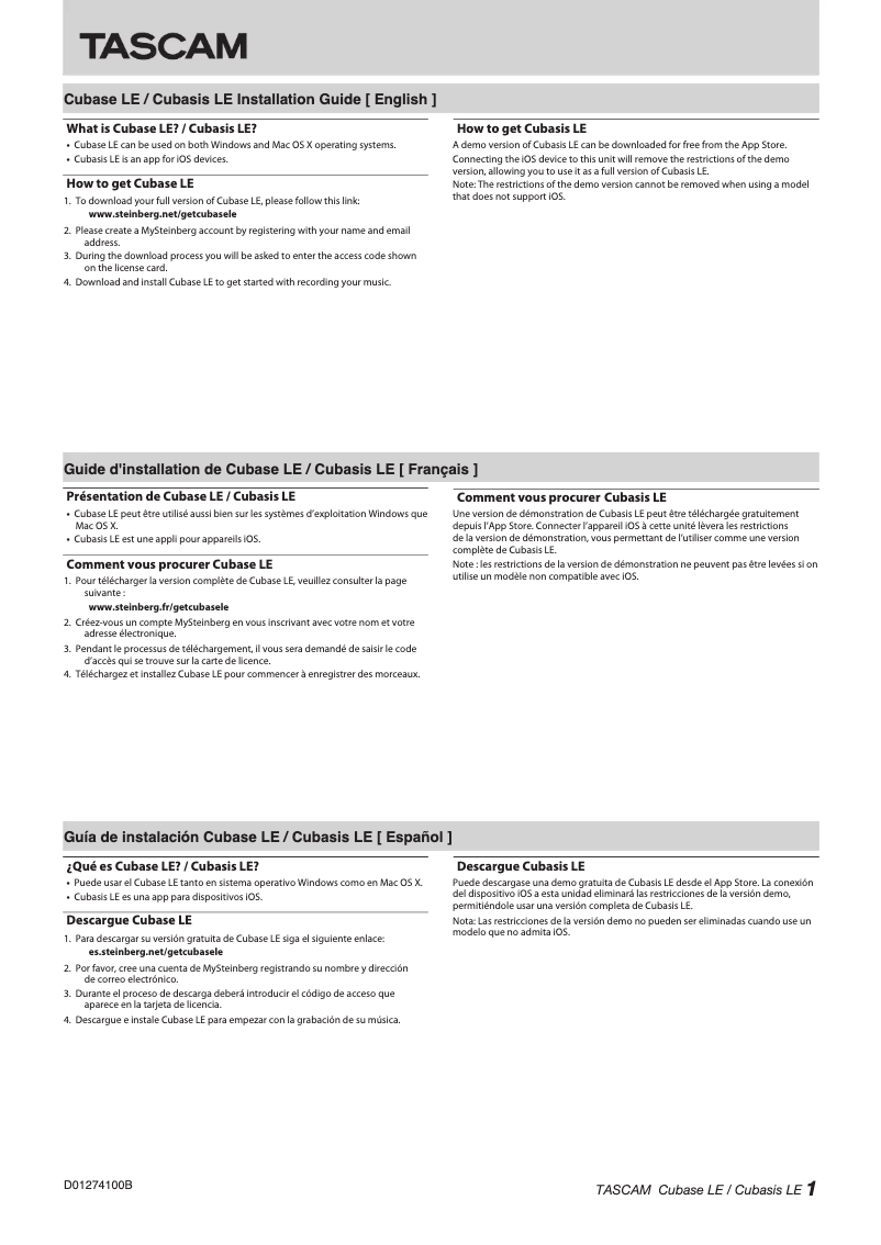 Página nº 1 - Guía de instalación Tascam US-4X4HR