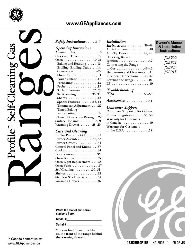 Imagen de la primera página del manual del dispositivo Profile JGB915BEFBB