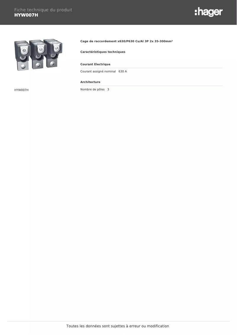 Página 1 del manual Ficha técnica Hager HYW007H